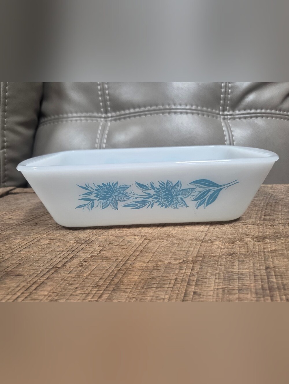Vintage MCM 1960s Glasbake Blue Thistle Milk Glass Loaf Pan J-522 Bin 1J